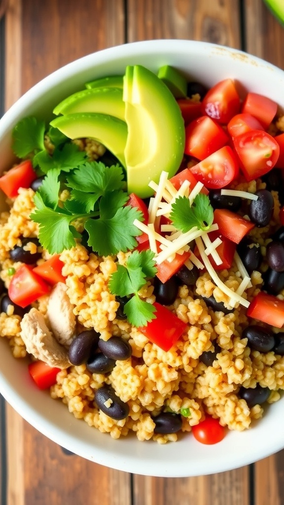 A bowl of turkey taco quinoa with ground turkey, black beans, diced tomatoes, garnished with cilantro and avocado.